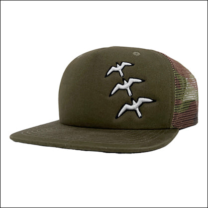 ‘Iwa birds in white with black border embroidery on a camoflauge foam trucker