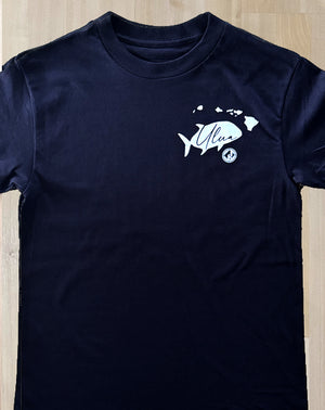 Fish silhouette with the word "ulua" within it and the hawaiian islands above